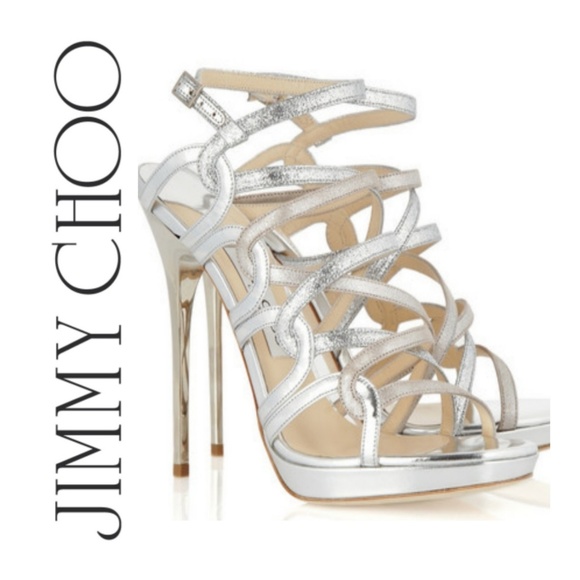 JIMMY CHOO DART MIRROR GLITTER SILVER STRAPPY NWT - Picture 1 of 8